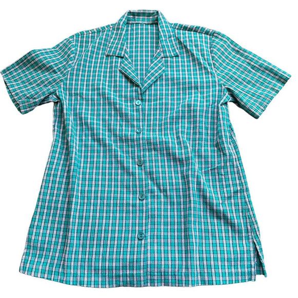  Vintage textured collared Checkered Short sleeveaqua button up size M - Picture 1 of 4